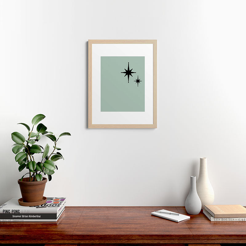 1950s Atomic Age Minimalist Starburst Pair in Black and 50s Celadon Teal Solid Framed Art Print