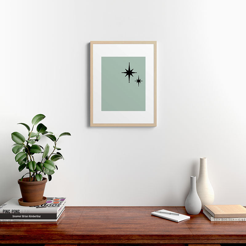 1950s Atomic Age Minimalist Starburst Pair in Black and 50s Celadon Teal Solid Framed Art Print