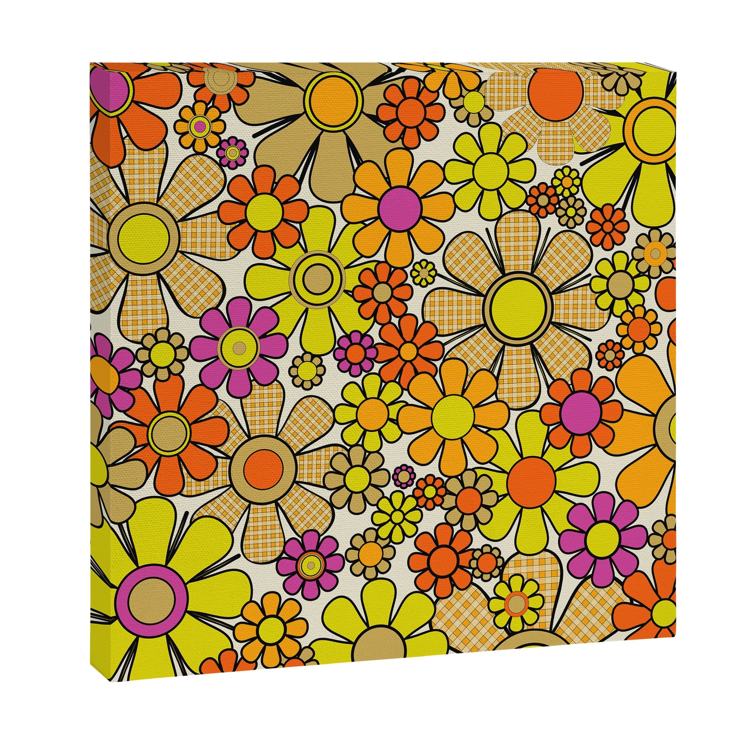 70s Retro Flowers Gingham Floral Pattern Orange Yellow Cream Canvas Print