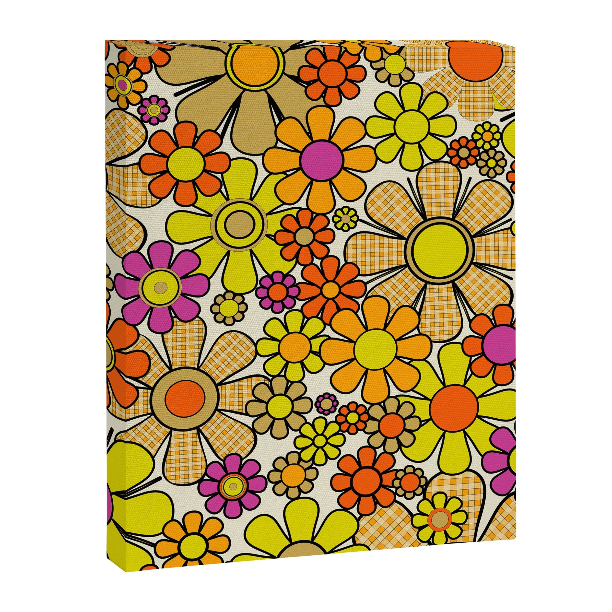 70s Retro Flowers Gingham Floral Pattern Orange Yellow Cream Canvas Print