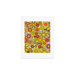 70s Retro Flowers Gingham Floral Pattern Orange Yellow Cream Art Print