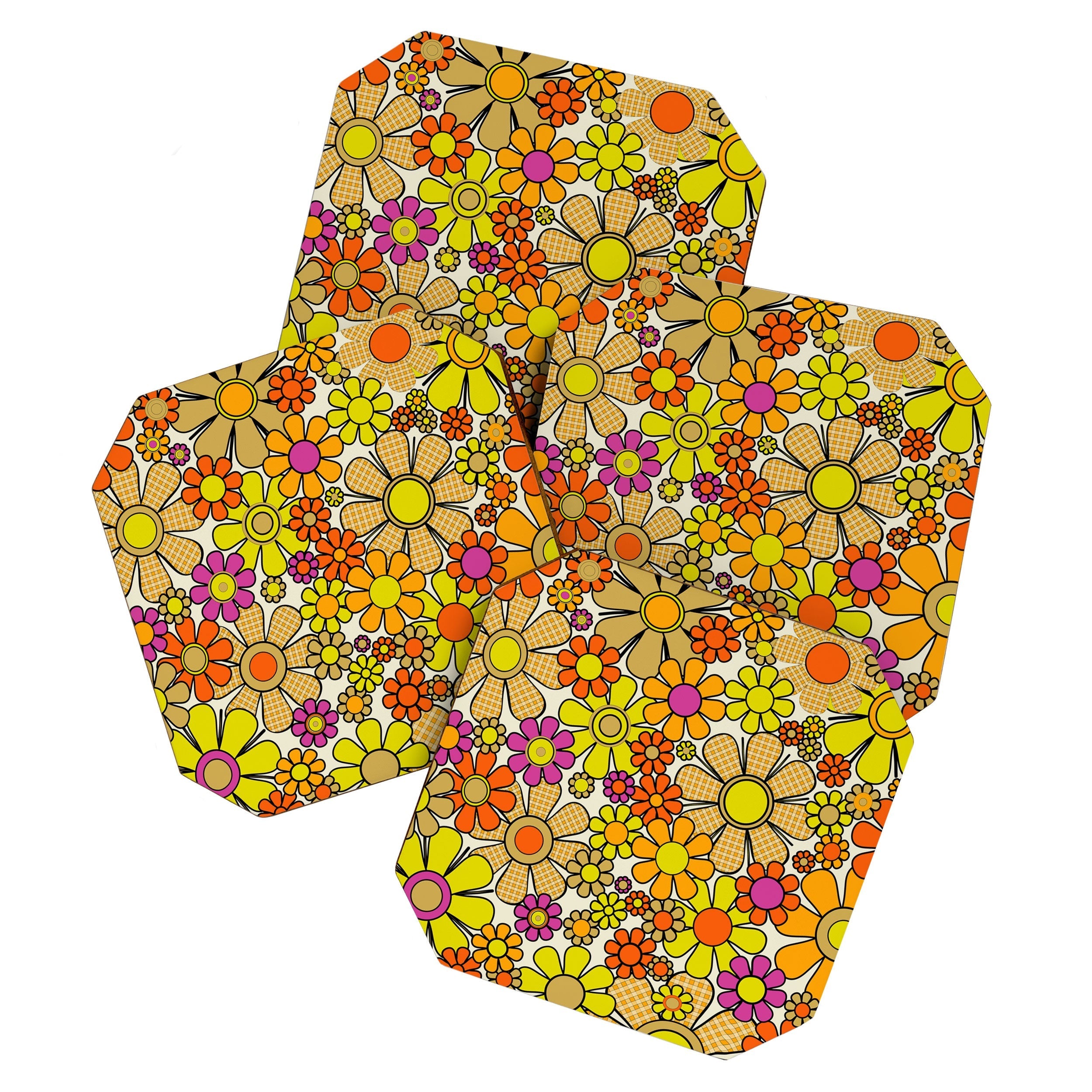 70s Retro Flowers Gingham Floral Pattern Orange Yellow Cream Coaster