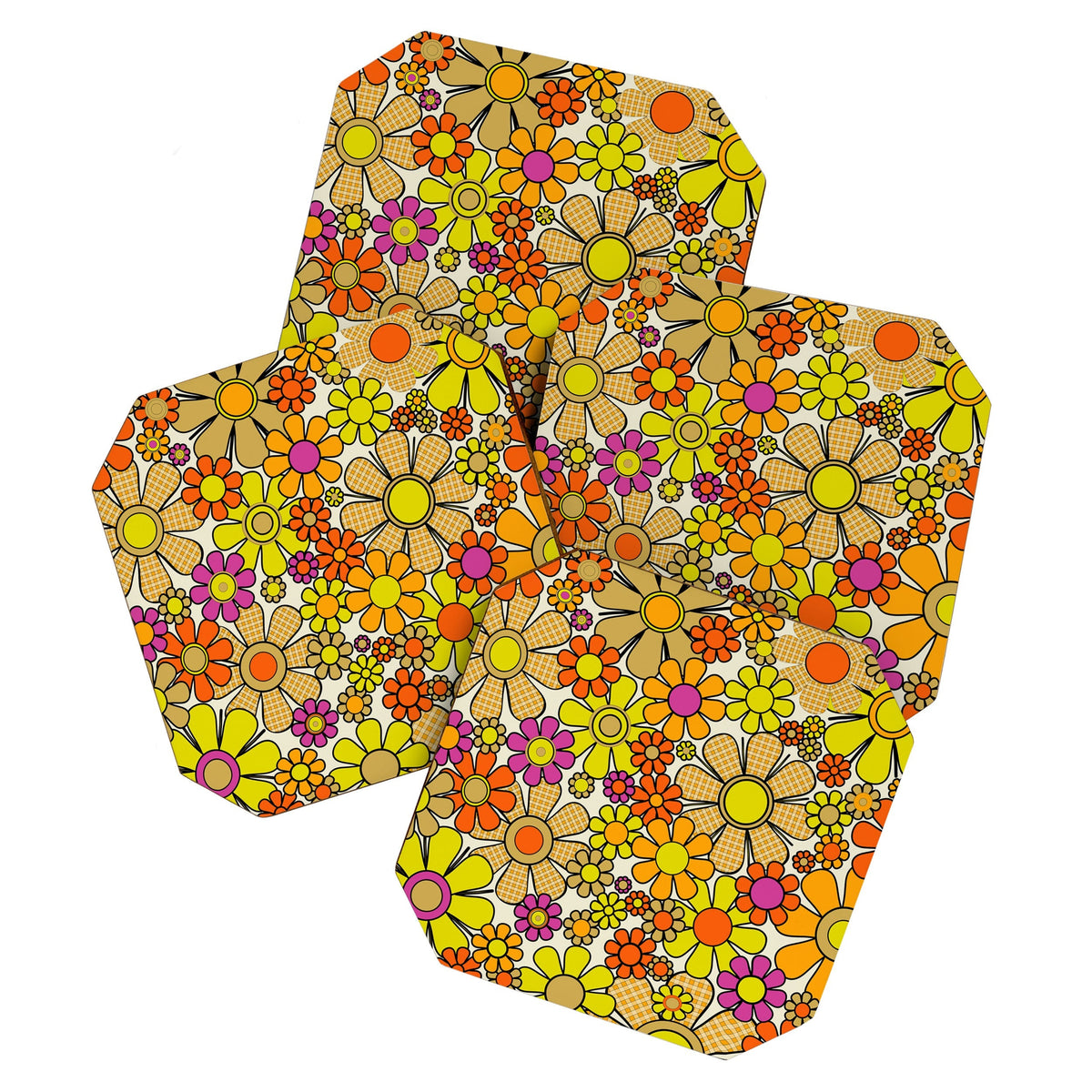 70s Retro Flowers Gingham Floral Pattern Orange Yellow Cream Coaster