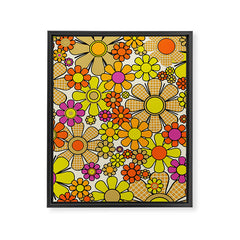 70s Retro Flowers Gingham Floral Pattern Orange Yellow Cream Framed Canvas Print