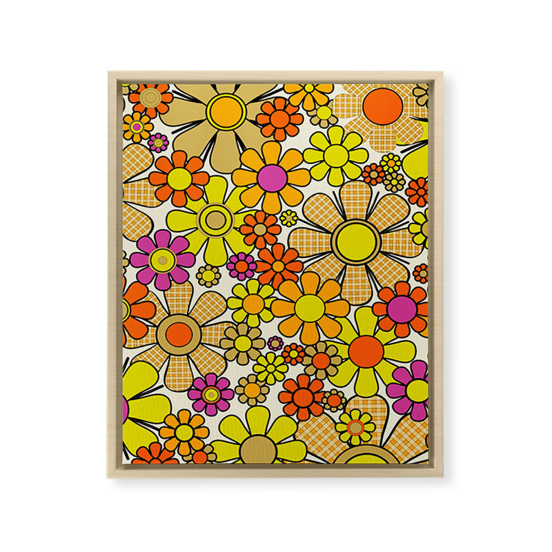 70s Retro Flowers Gingham Floral Pattern Orange Yellow Cream Framed Canvas Print