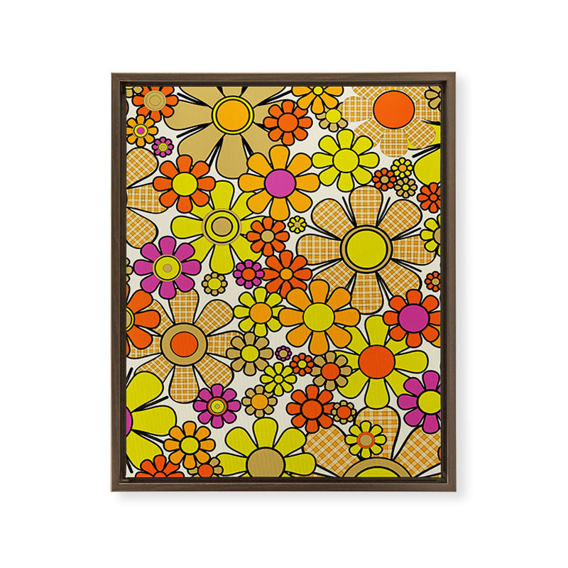 70s Retro Flowers Gingham Floral Pattern Orange Yellow Cream Framed Canvas Print