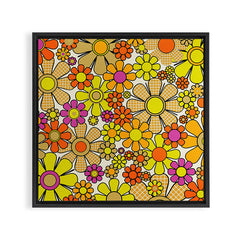 70s Retro Flowers Gingham Floral Pattern Orange Yellow Cream Framed Canvas Print