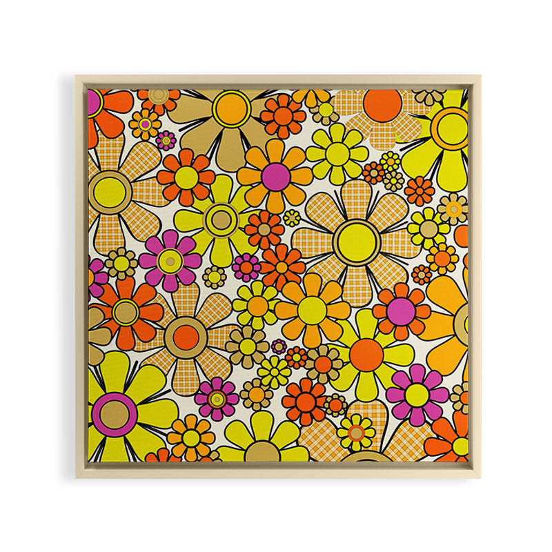 70s Retro Flowers Gingham Floral Pattern Orange Yellow Cream Framed Canvas Print