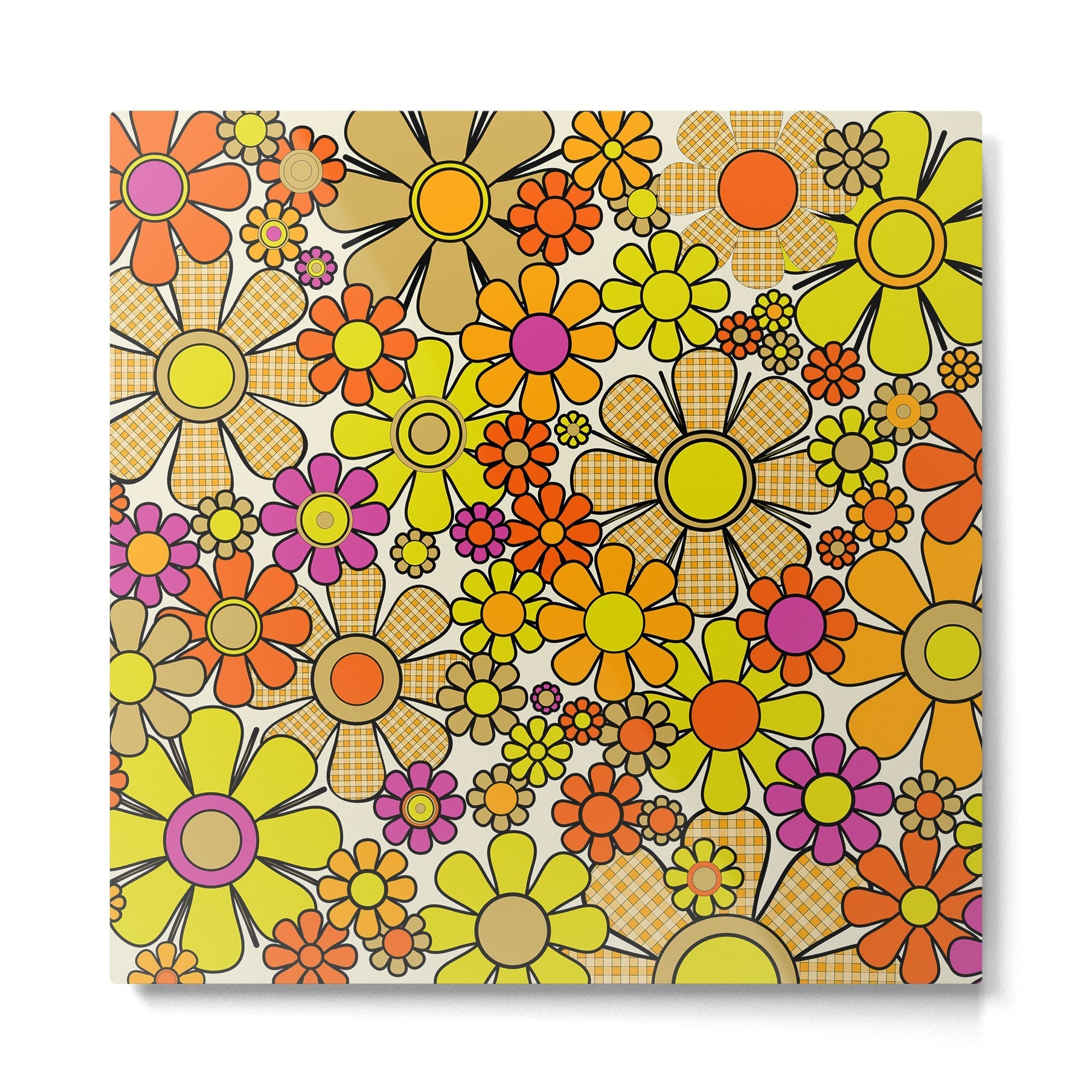 70s Retro Flowers Gingham Floral Pattern Orange Yellow Cream Metal Print