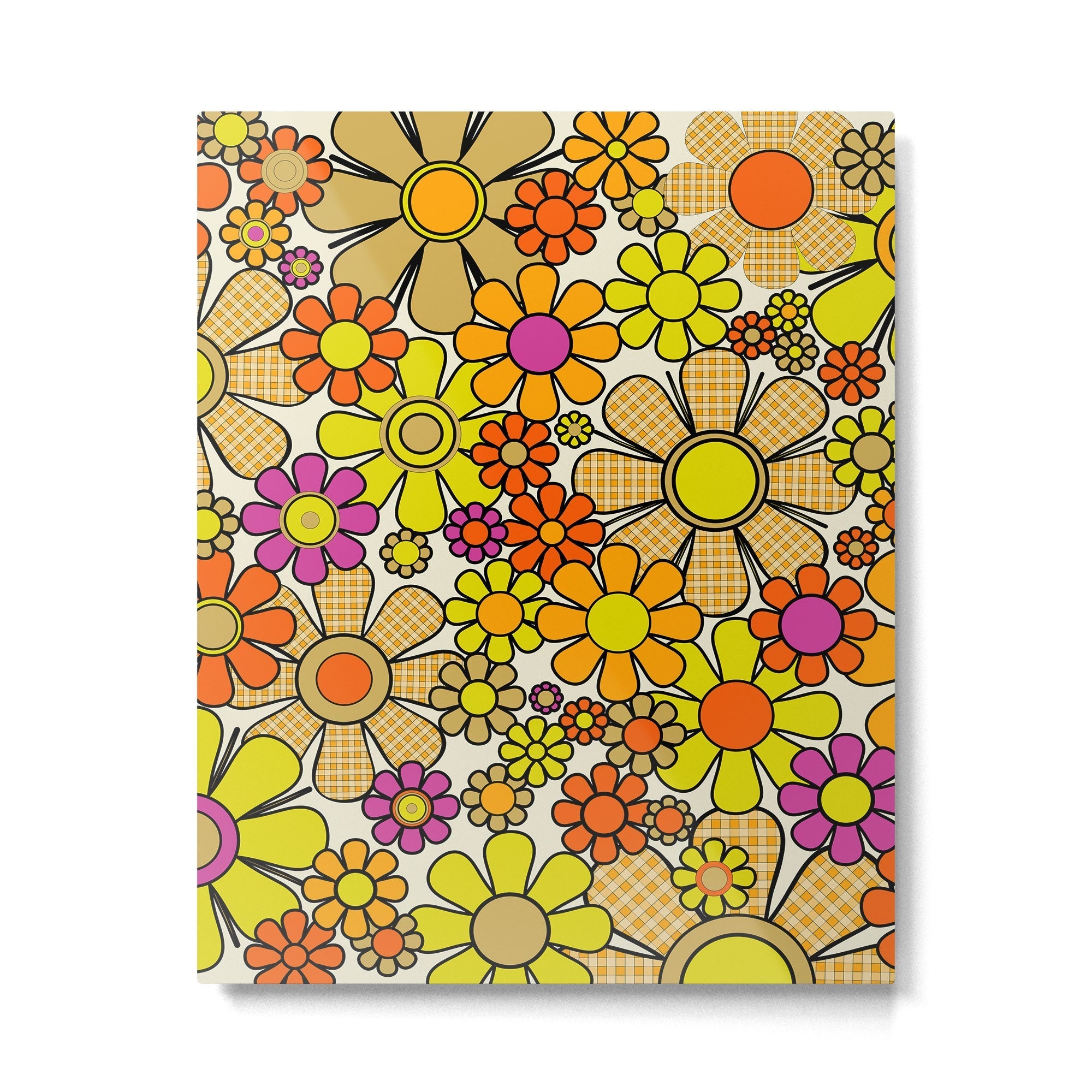 70s Retro Flowers Gingham Floral Pattern Orange Yellow Cream Metal Print