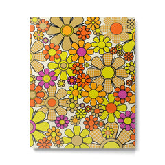 70s Retro Flowers Gingham Floral Pattern Orange Yellow Cream Metal Print