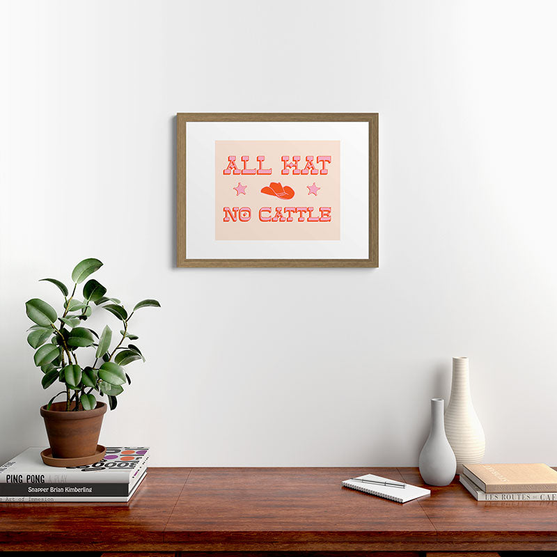 "All hat no cattle" in pink and orange retro western letters Framed Art Print