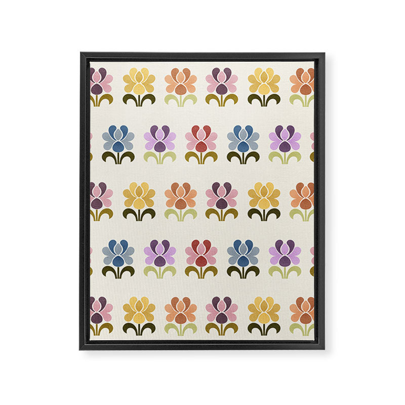 70s Retro Florals Pattern with Linen Texture Framed Canvas Print