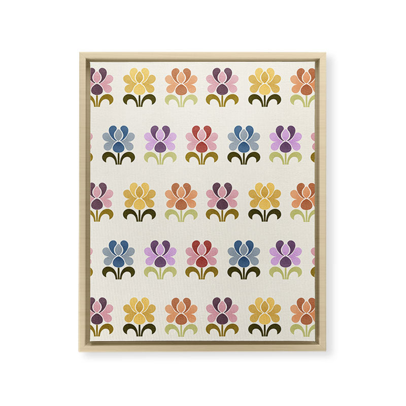70s Retro Florals Pattern with Linen Texture Framed Canvas Print