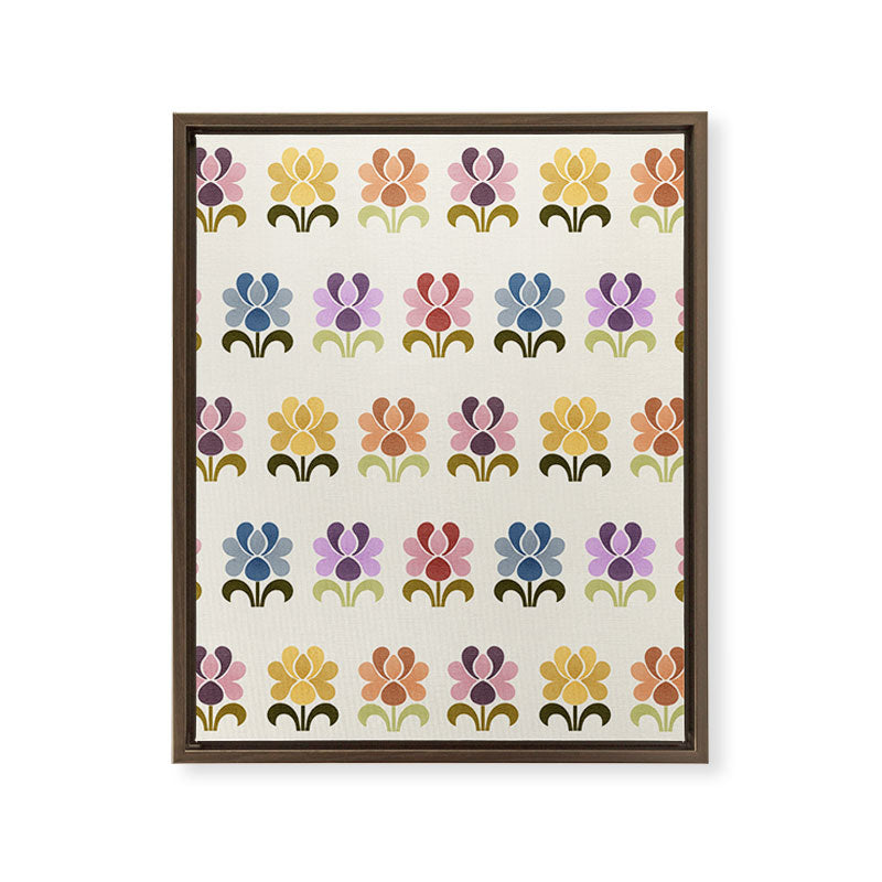 70s Retro Florals Pattern with Linen Texture Framed Canvas Print