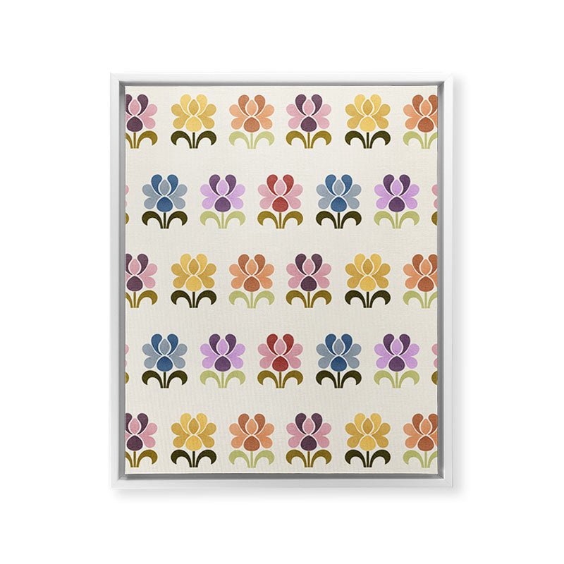 70s Retro Florals Pattern with Linen Texture Framed Canvas Print