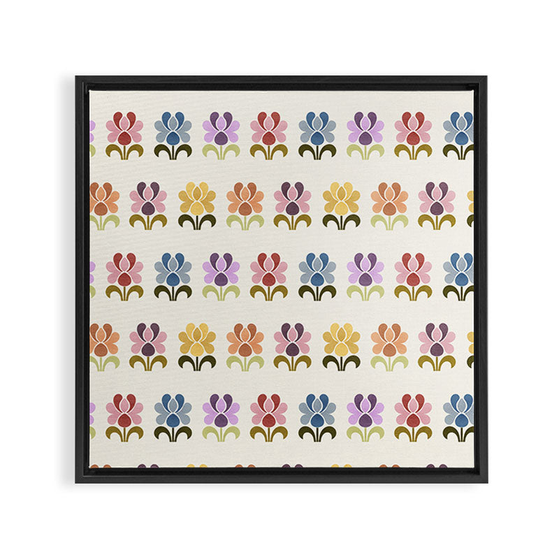 70s Retro Florals Pattern with Linen Texture Framed Canvas Print