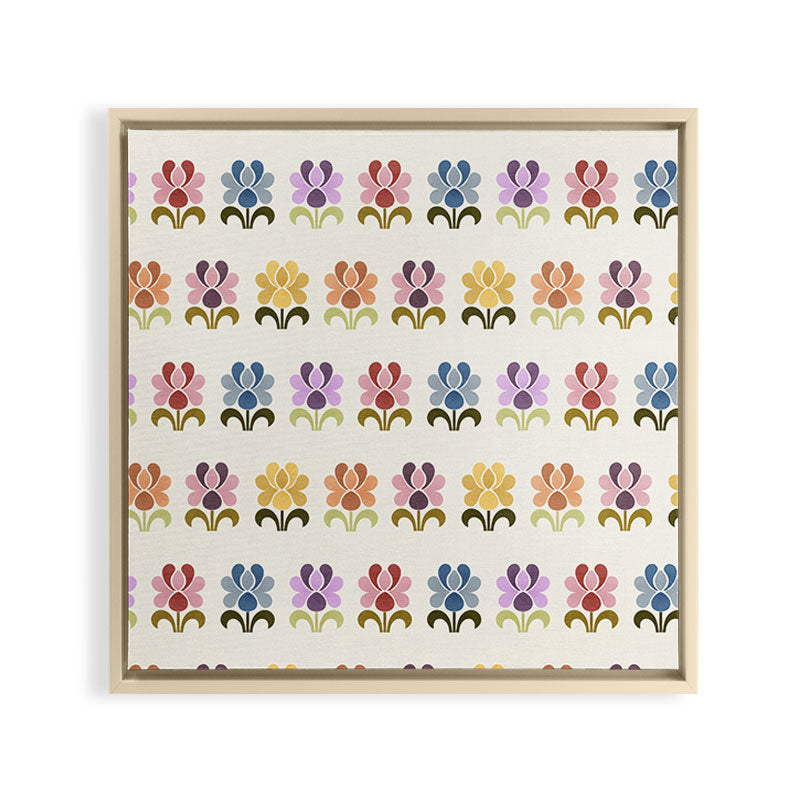 70s Retro Florals Pattern with Linen Texture Framed Canvas Print