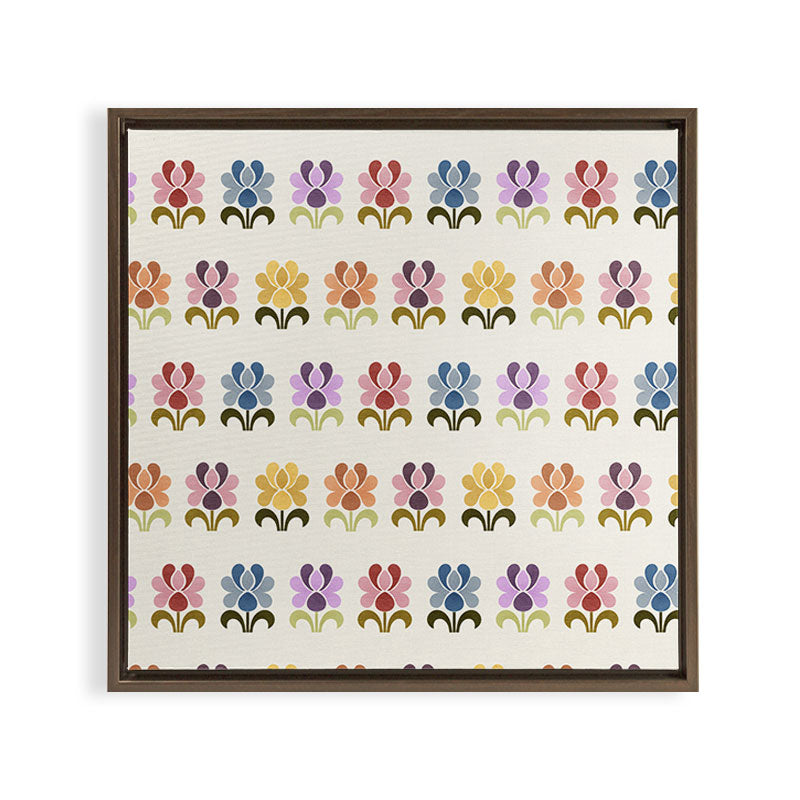 70s Retro Florals Pattern with Linen Texture Framed Canvas Print