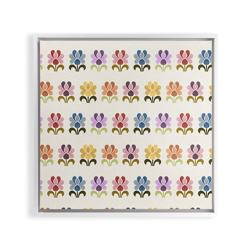 70s Retro Florals Pattern with Linen Texture Framed Canvas Print