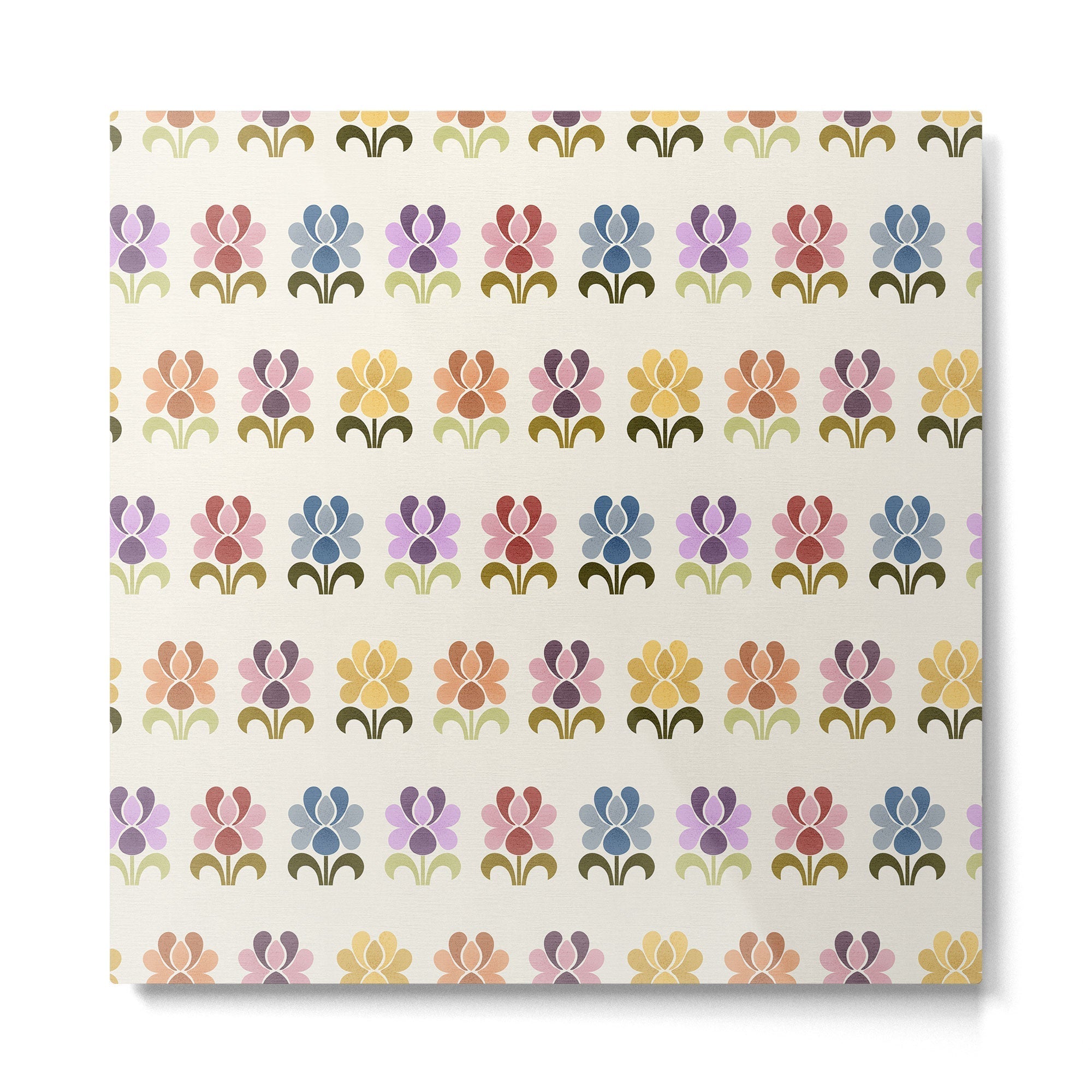 70s Retro Florals Pattern with Linen Texture Metal Print