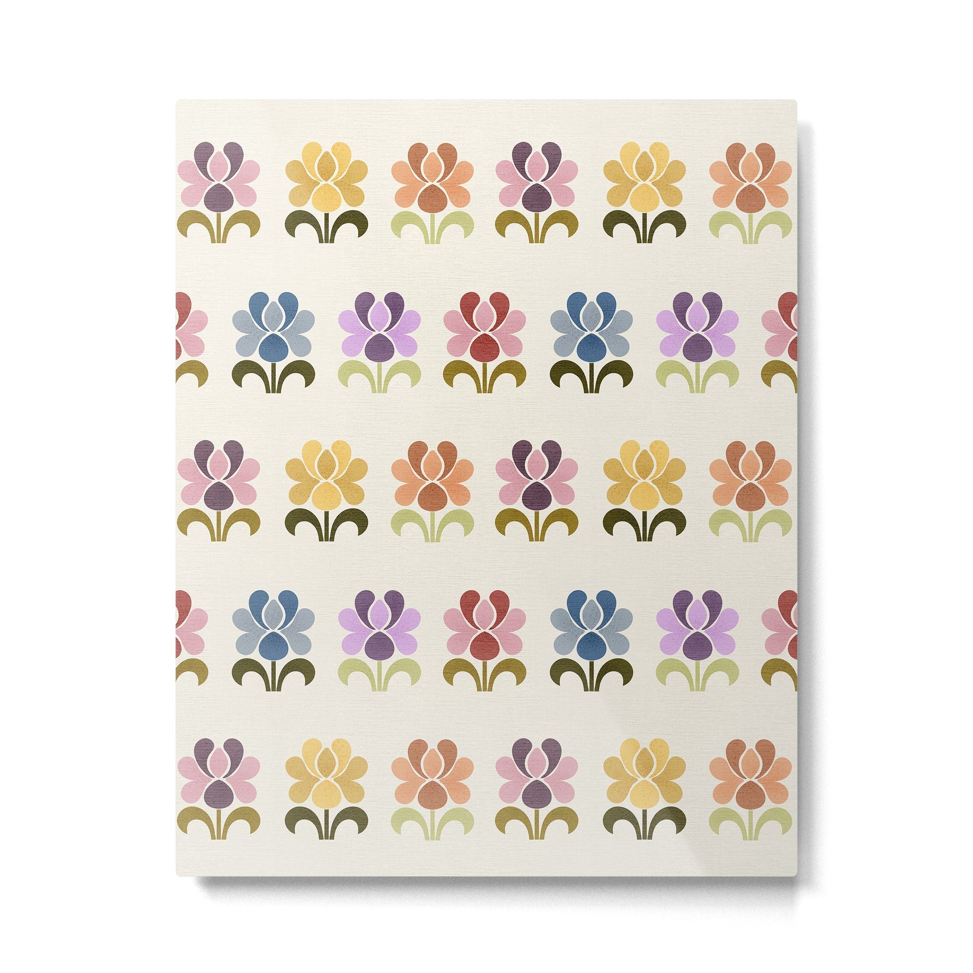70s Retro Florals Pattern with Linen Texture Metal Print