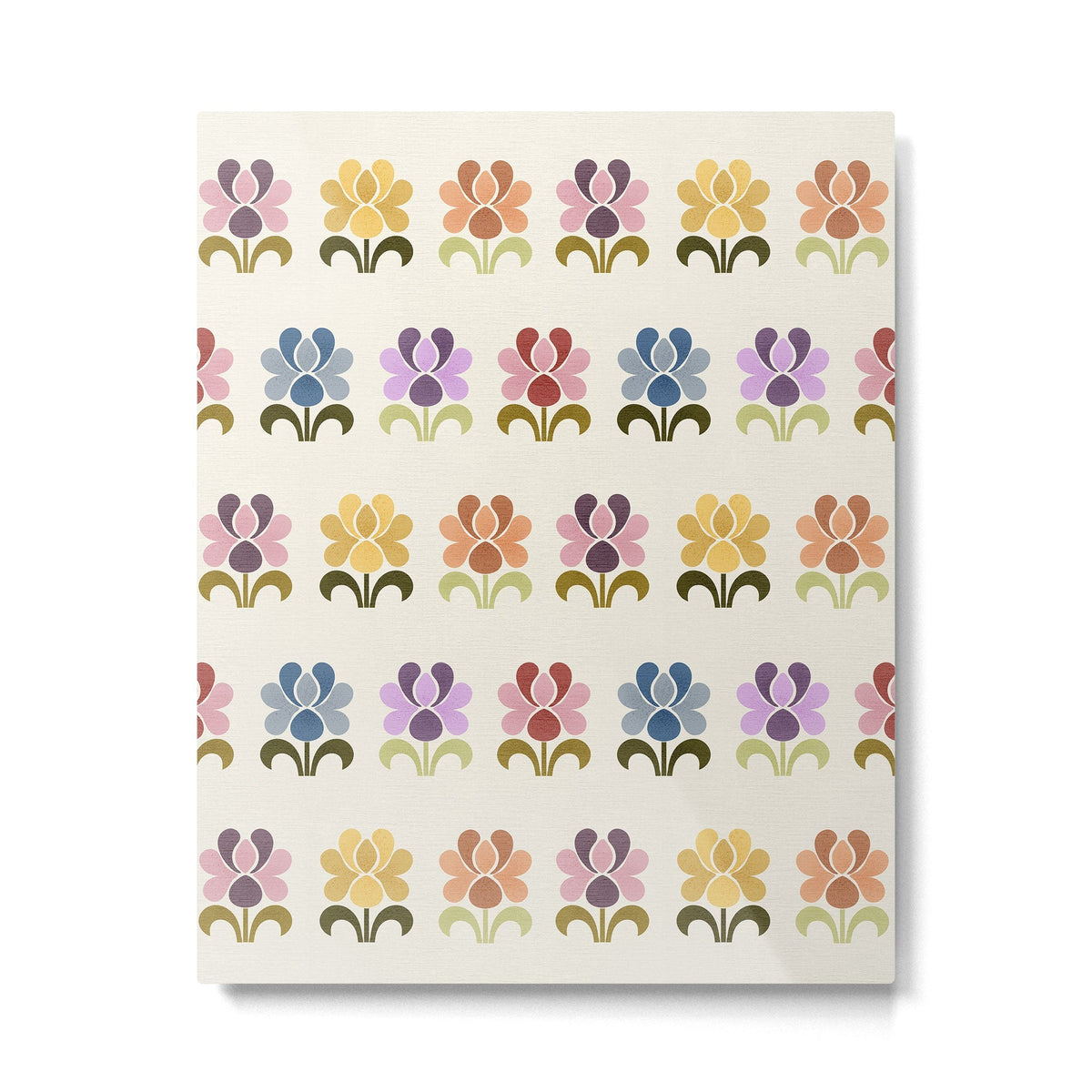 70s Retro Florals Pattern with Linen Texture Metal Print