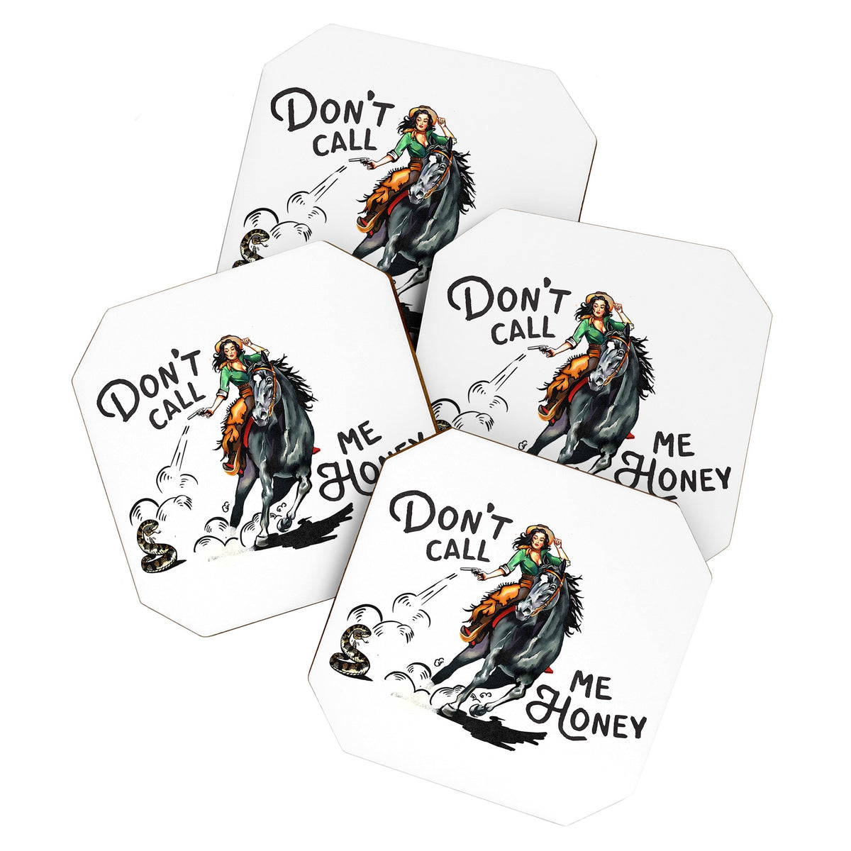 "Don't Call Me Honey" Cowgirl On Horseback Shooting a Rattlesnake Coaster