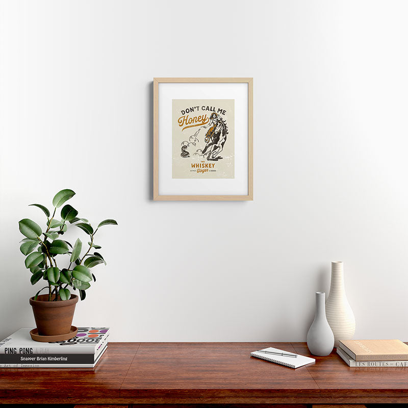 "Don't Call Me Honey" Retro Pinup Cowgirl On Horseback Shooting A Snake V.2 Framed Art Print