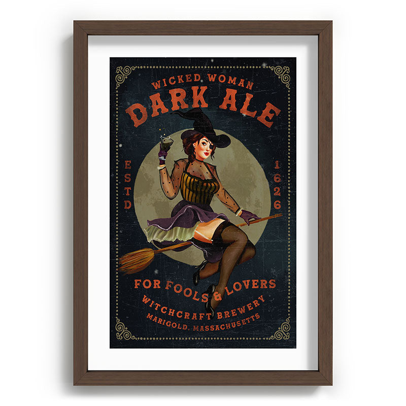 "Wicked Woman Dark Ale" Vintage Pinup Witch Halloween Art Framed Art Print