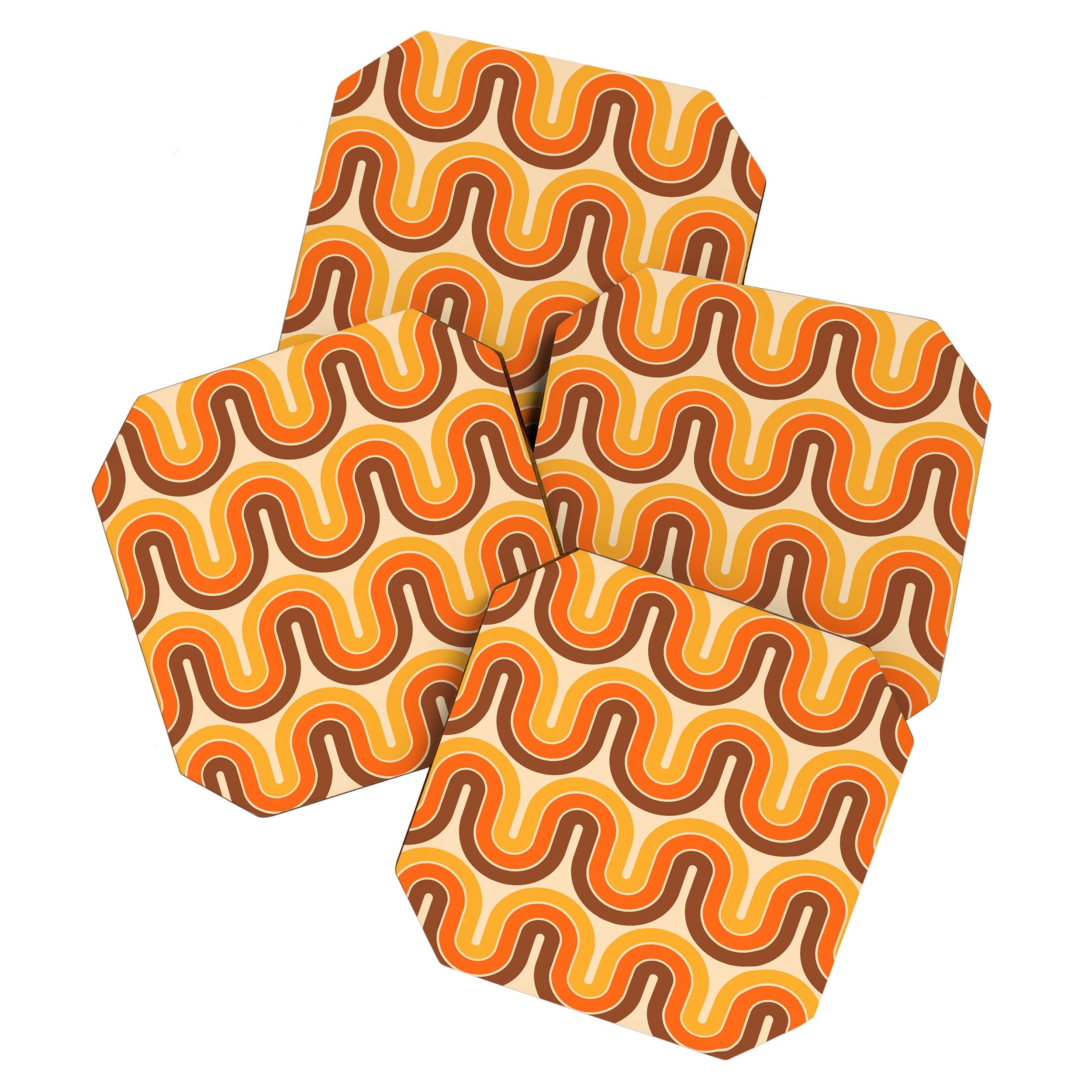 70s Retro Vintage Style Wave Pattern Autumn Brown Orange and Yellow Coaster